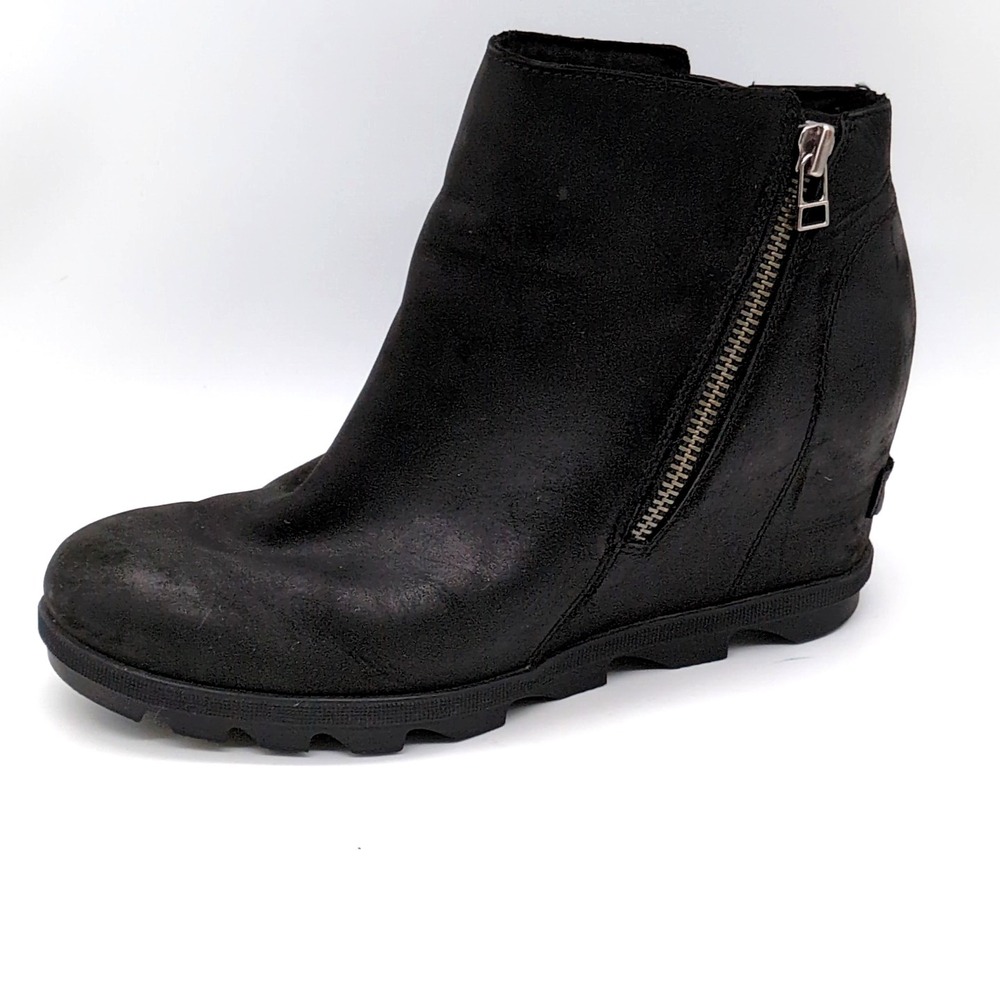 Sorel Shoes Womens Black 9.5 Leather Ankle Boots Zip Hidden Wedge NL3364-010